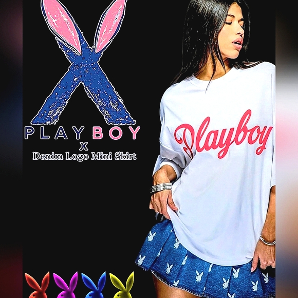NWT Missguided x Playboy Demin Logo Pleated Mini Skirt Size XL
